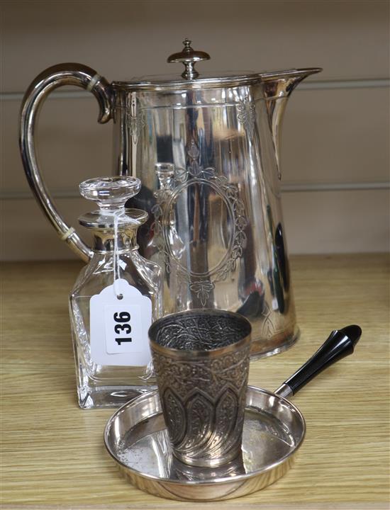 A silver mounted scent bottle, a plated hot water jug and two other items